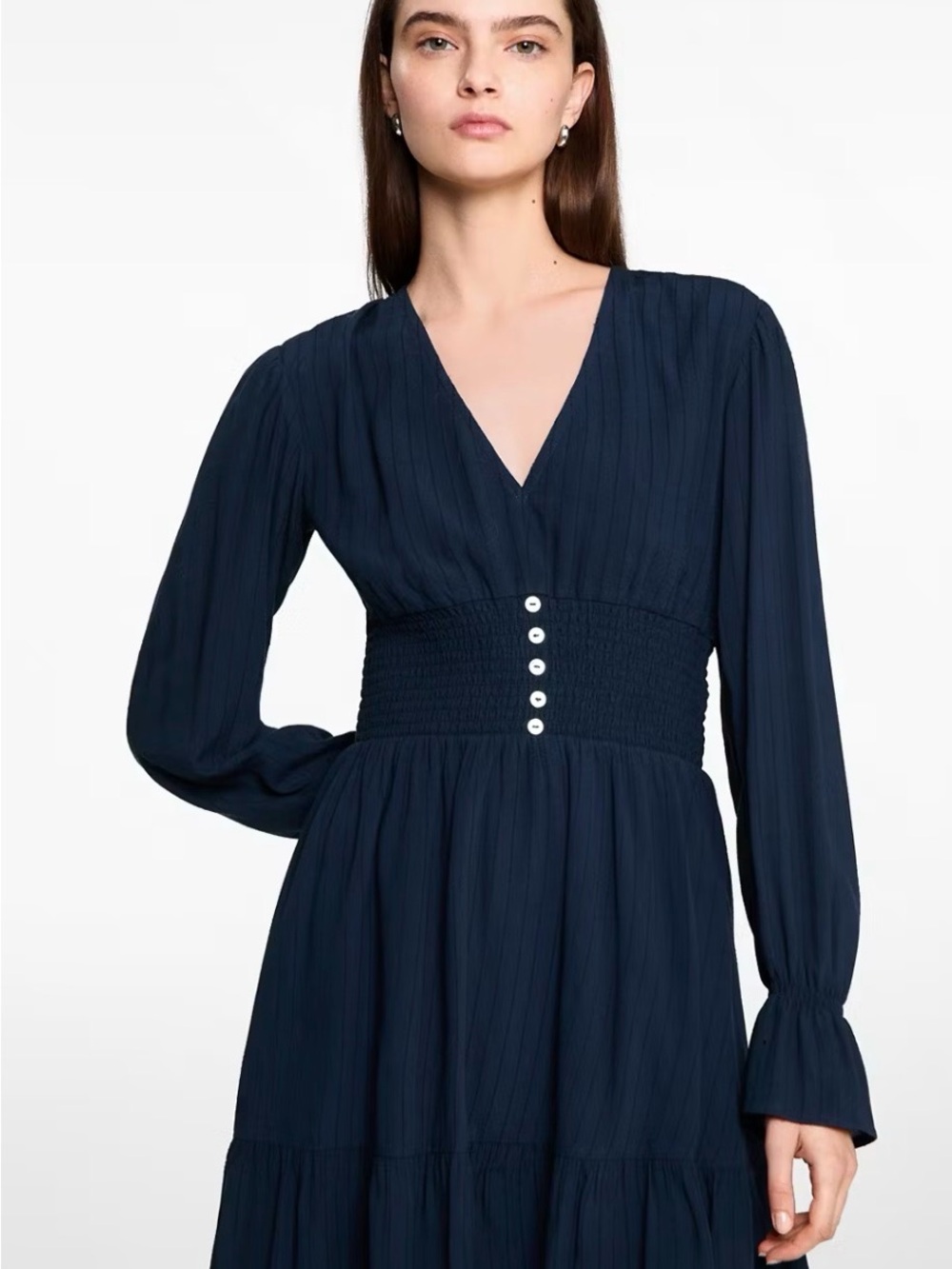 Mango Navy V-Neck Long Sleeve Smocked-Waist Dress